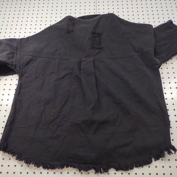 Black Oversized Distressed Jean Shirt Jacket, Size Medium - Picture 7 of 8